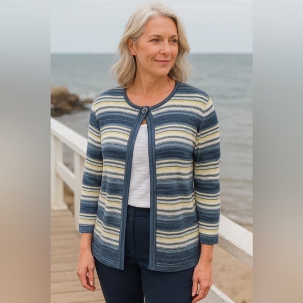 Blue Yellow Stripe One Button Closure Cardigan Allison Daley LNWOT L #976